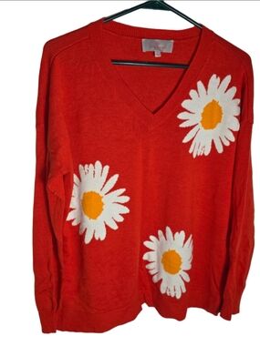 Women's Laurie Felt V-Neck Sweater M Red White Daisy Floral Print cottagecore